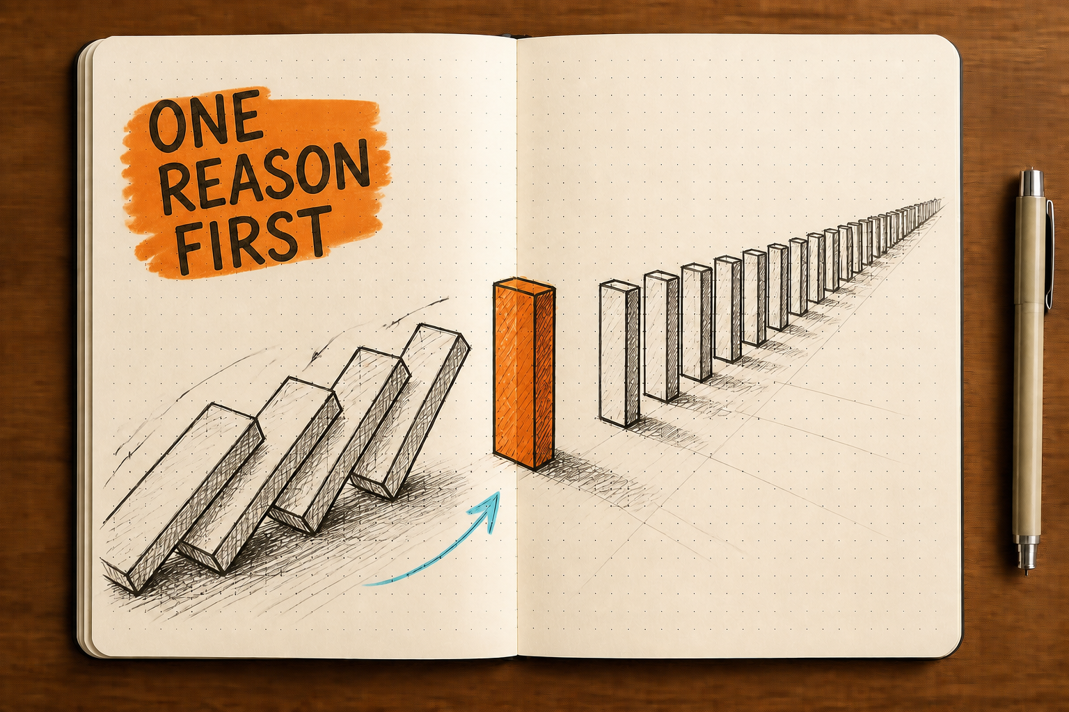 Editorial illustration for Ask for One Reason First: one orange block isolated and tested from a cascade of identical falling blocks.