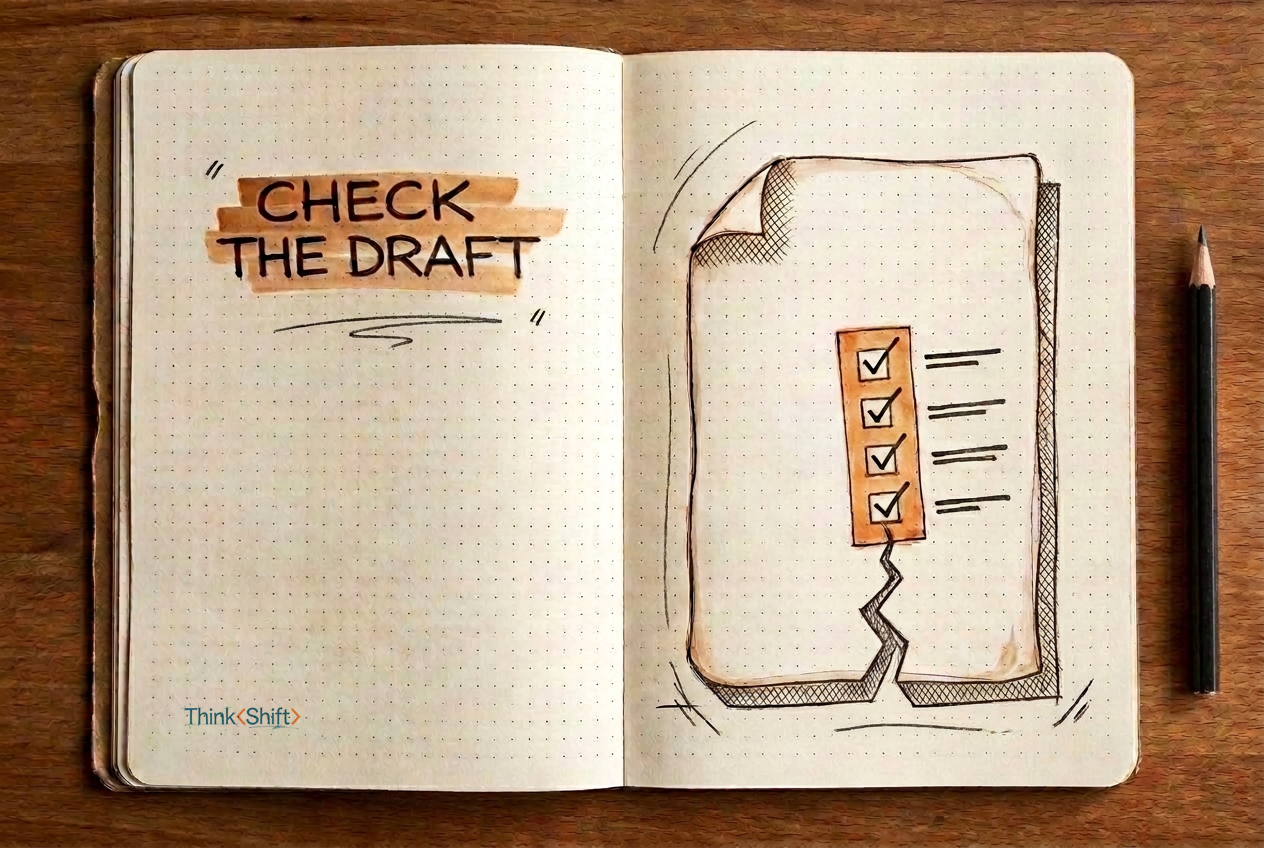 Field-notebook sketch of a cracked document with a four-check orange patch stopping the fracture, representing a checklist that strengthens an AI draft.