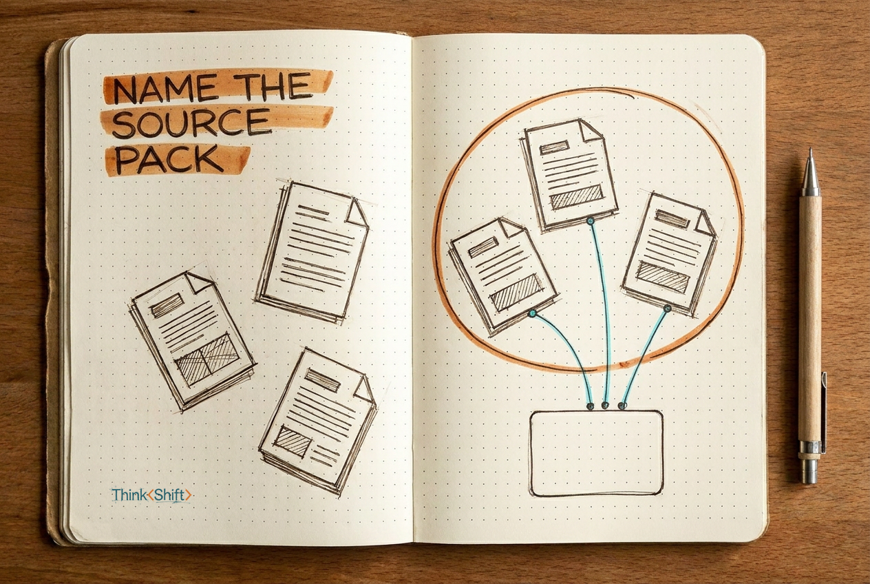 A field-notebook sketch showing six internal documents, three selected with cyan connections to a blank output, illustrating how a source pack filters which files AI can use.