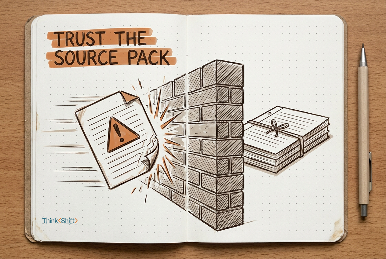 A field-notebook sketch: a document marked with an orange warning triangle crashes into a brick wall, impact lines at the collision point, while a clean ribbon-tied page bundle sits safely on the far side.