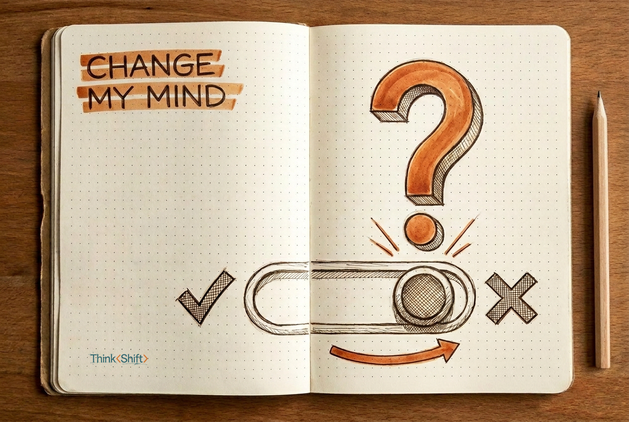 A field-notebook sketch: a large question mark above a toggle switch being moved from a checkmark toward an X, representing one question that could reverse a decision.