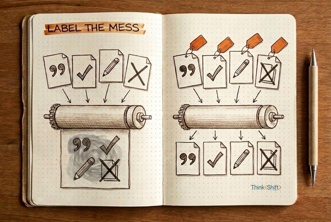 A field-notebook sketch: on the left page, four untagged note cards feed through a roller and merge into one muddled sheet; on the right page, the same cards carry orange labels and exit the roller still separate.