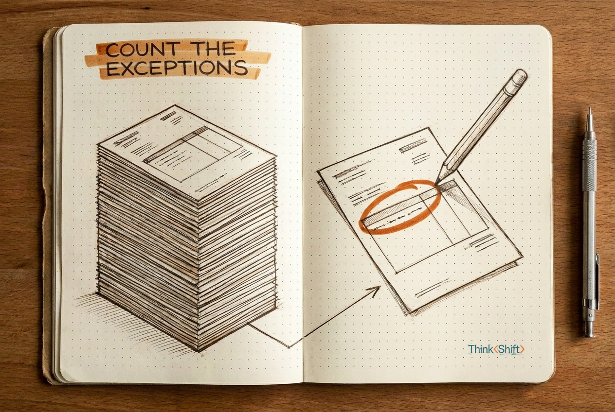 Field-notebook sketch: a tall stack of documents on the left page linked by an arrow to a single document on the right page with a bold burnt-orange correction circle and pencil, representing the one correction that reveals the real quality of the batch.