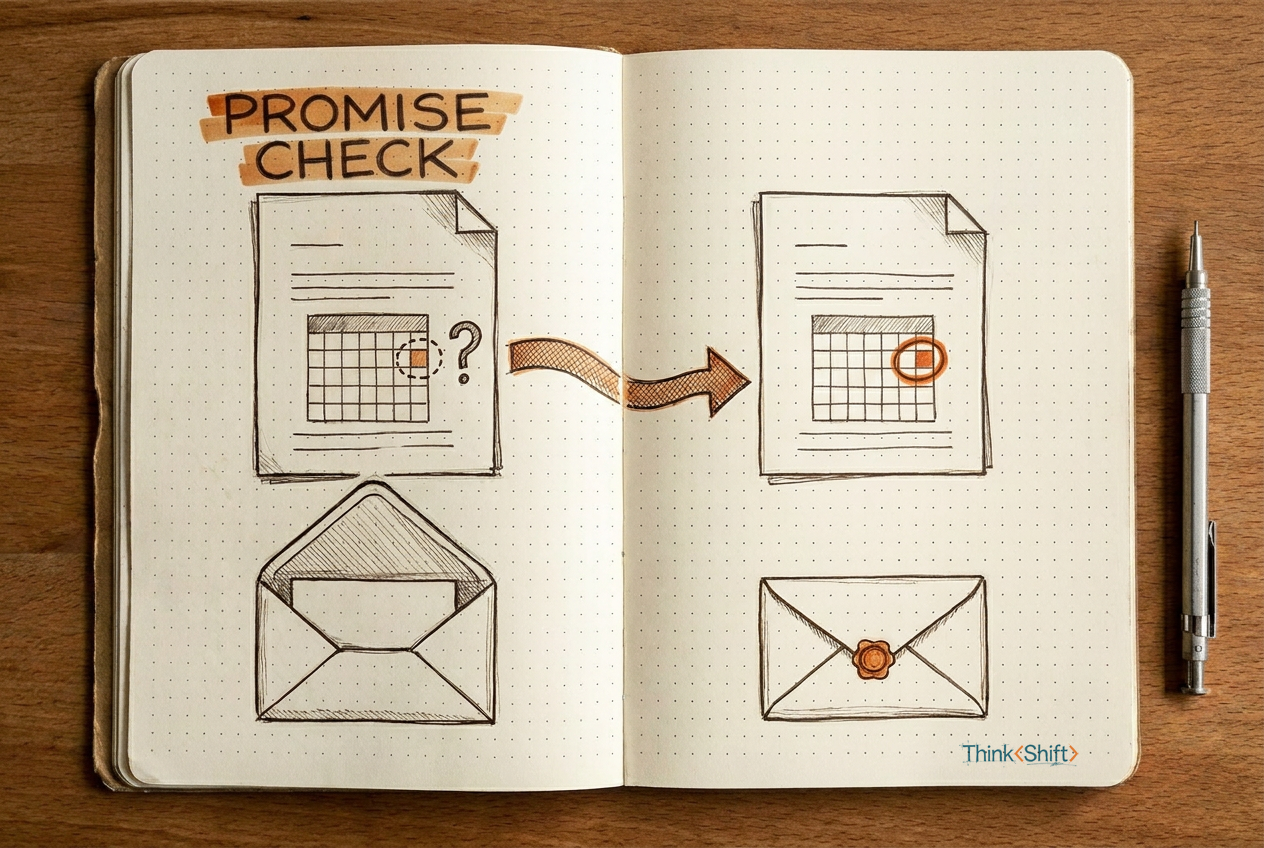 A field-notebook sketch: on the left page, a letter with a dashed circle around a date and a question mark, sitting in an open envelope; an arrow crosses the gutter to the right page, where the same letter has a solid orange circle around the date, sealed in an envelope with a wax seal.