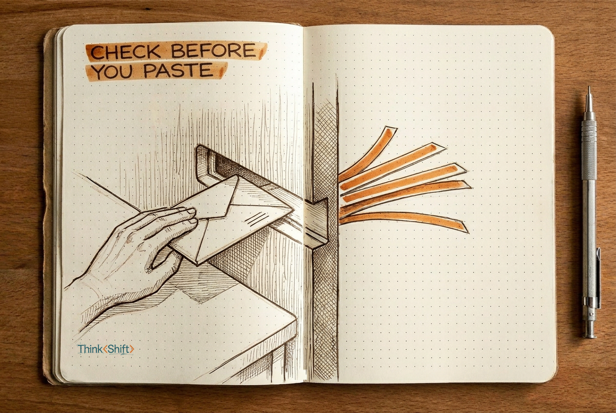 Editorial illustration: a hand pushes an envelope through a wall mail slot; on the other side, orange data strips fan into open space