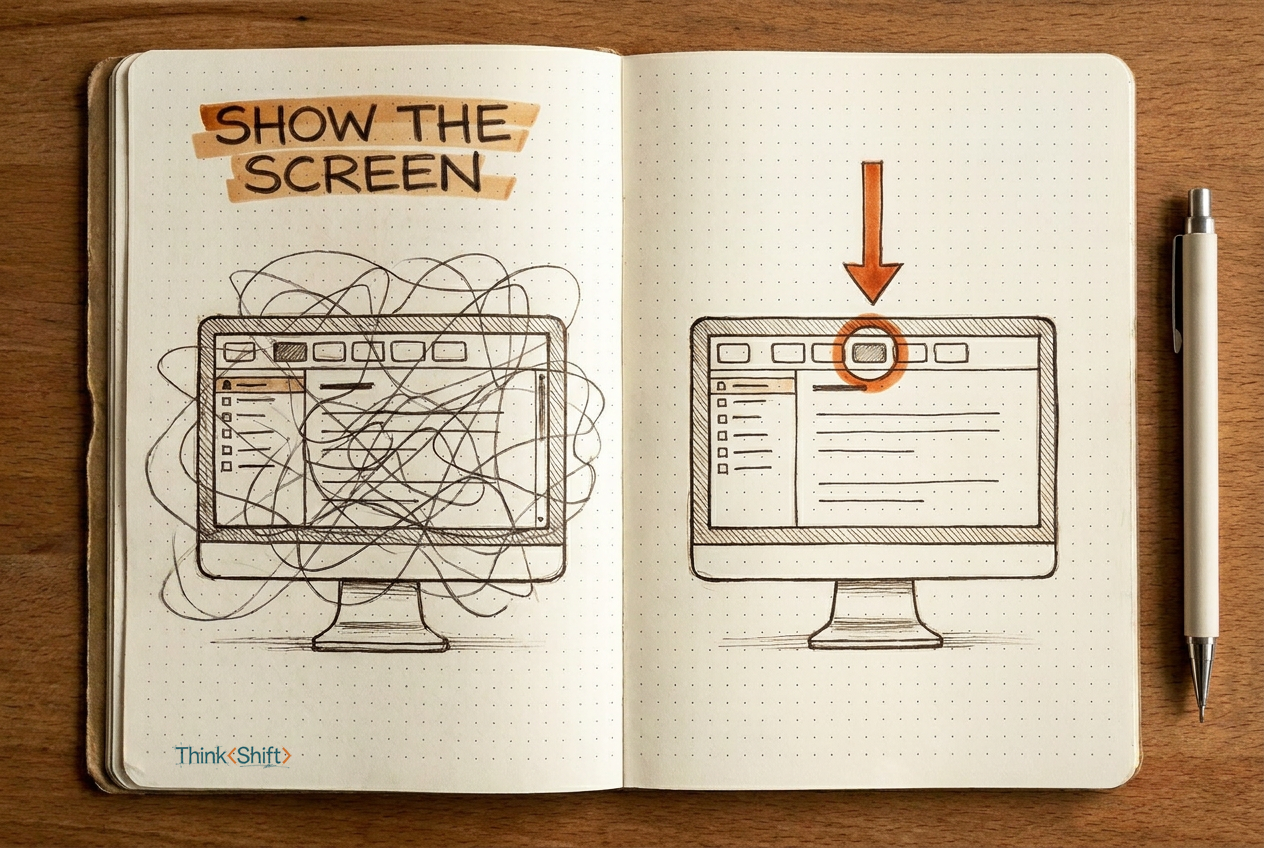 A field-notebook sketch: on the left page, a desktop monitor buried under dense tangled scribbles representing a verbal description; on the right page, the same monitor shown clean with a bold orange arrow pointing to a highlighted toolbar button.