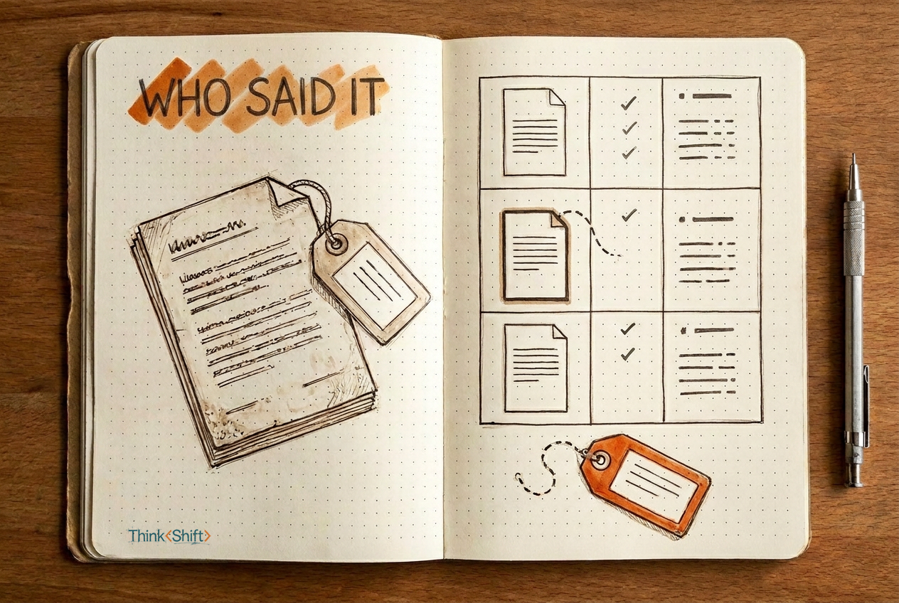A field-notebook sketch: a tagged document on the left page and a comparison grid on the right, with a fallen orange seller tag detached below the grid.