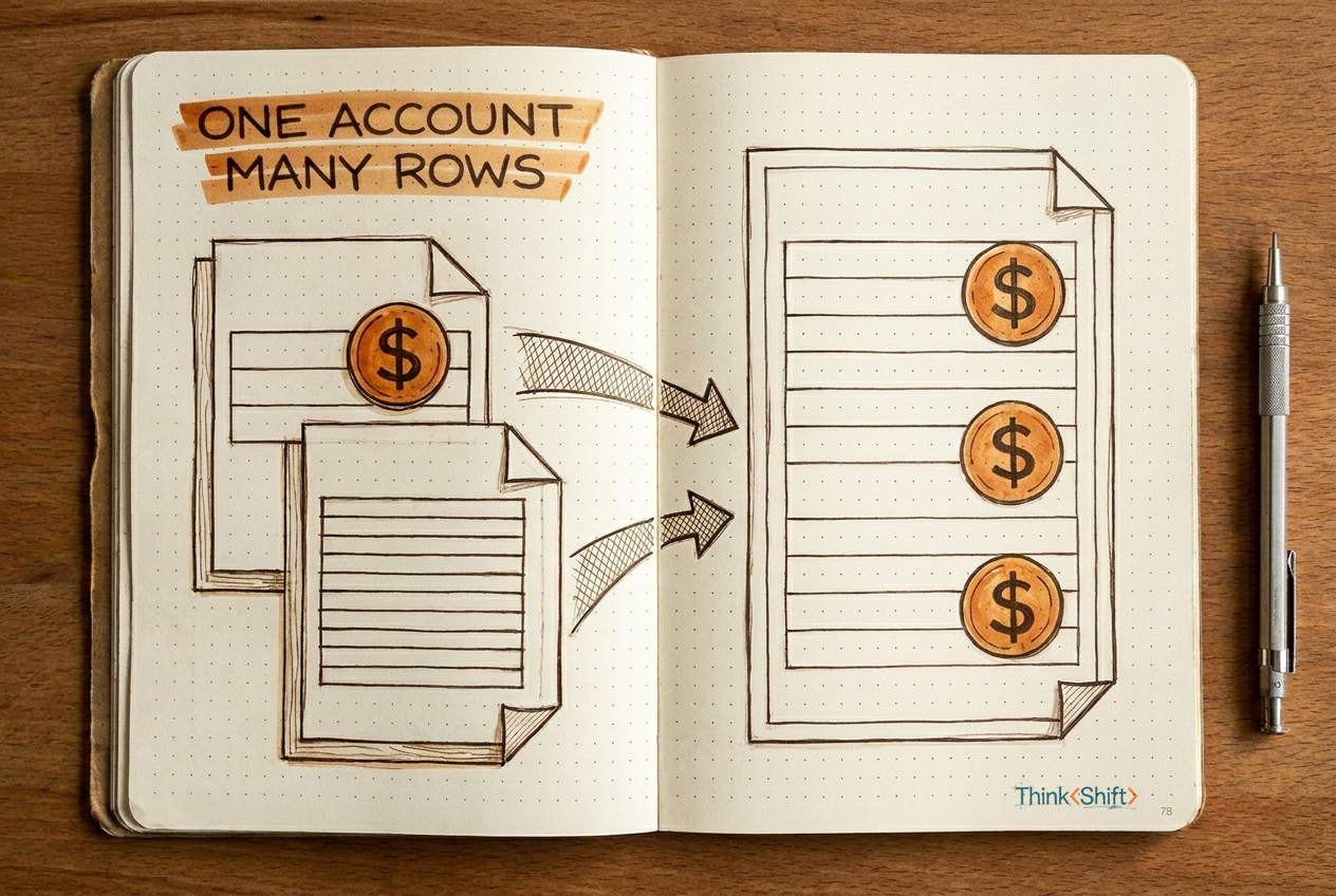Editorial illustration: two source documents with one dollar coin each feed through arrows into a combined document with three dollar coins, showing how merging rows can duplicate revenue