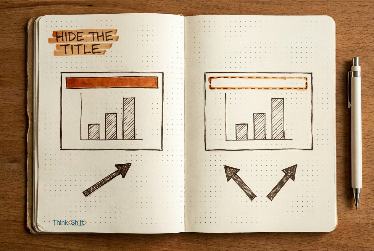 A field-notebook sketch: two side-by-side bar-chart slides on a dot-grid page. The left slide has a solid filled title bar and one diagonal arrow; the right has a dashed empty title bar and two diverging arrows.