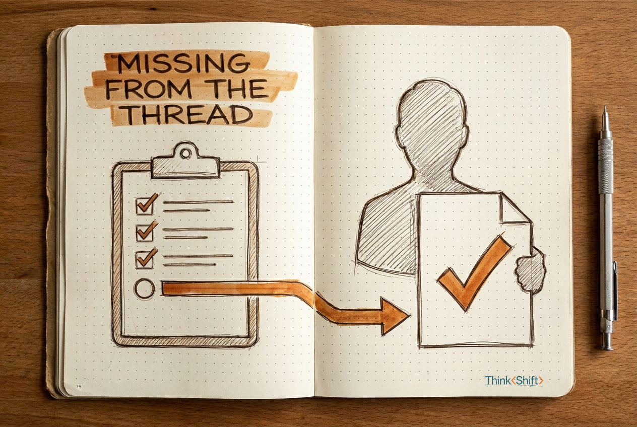 A field-notebook sketch: a clipboard with checked items and one unchecked circle fires an orange arrow across the gutter at a person holding a document with a large orange checkmark, depicting a reminder aimed at someone who already finished.