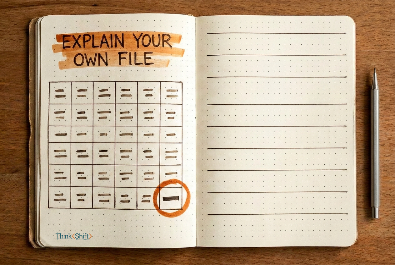 A field-notebook sketch: a spreadsheet grid on the left page with one output cell circled in burnt orange, facing blank ruled lines on the right page with a pencil beside the notebook. Result circled, explanation not written.