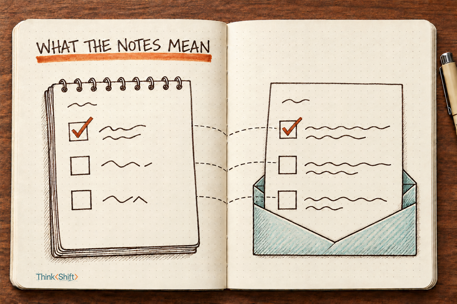 A field-notebook sketch: a spiral notepad with one item ticked and two empty boxes, linked row by row by dashed lines to a client letter in an envelope that keeps the same one-ticked, two-empty pattern.