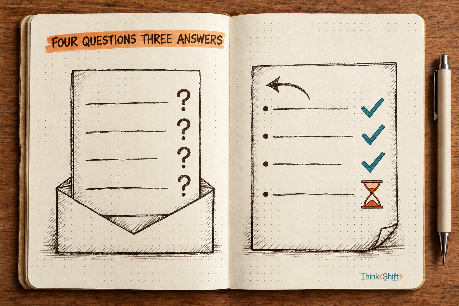 A field-notebook sketch titled Four Questions Three Answers: a letter with four question marks rises from an open envelope, beside a reply sheet with four matching rows, three ending in check marks and the fourth in an orange hourglass.