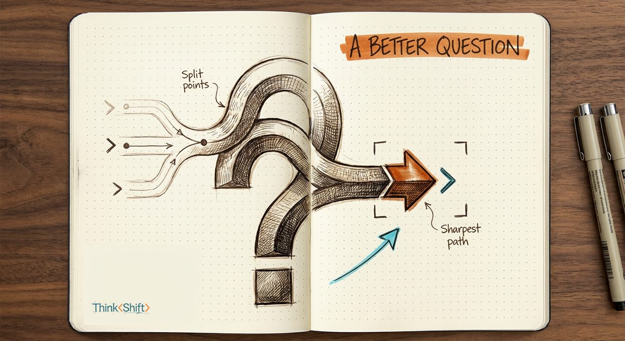 A hand-drawn question mark splitting into branches, the sharper branch inked bold with a burnt-orange flag.