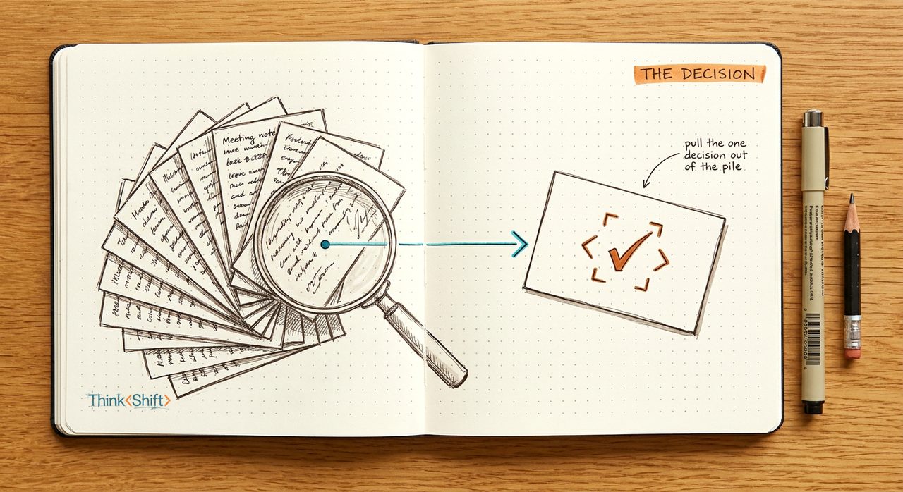 A magnifier over a fan of notes pulling one decision card out of the pile, marked in burnt-orange.
