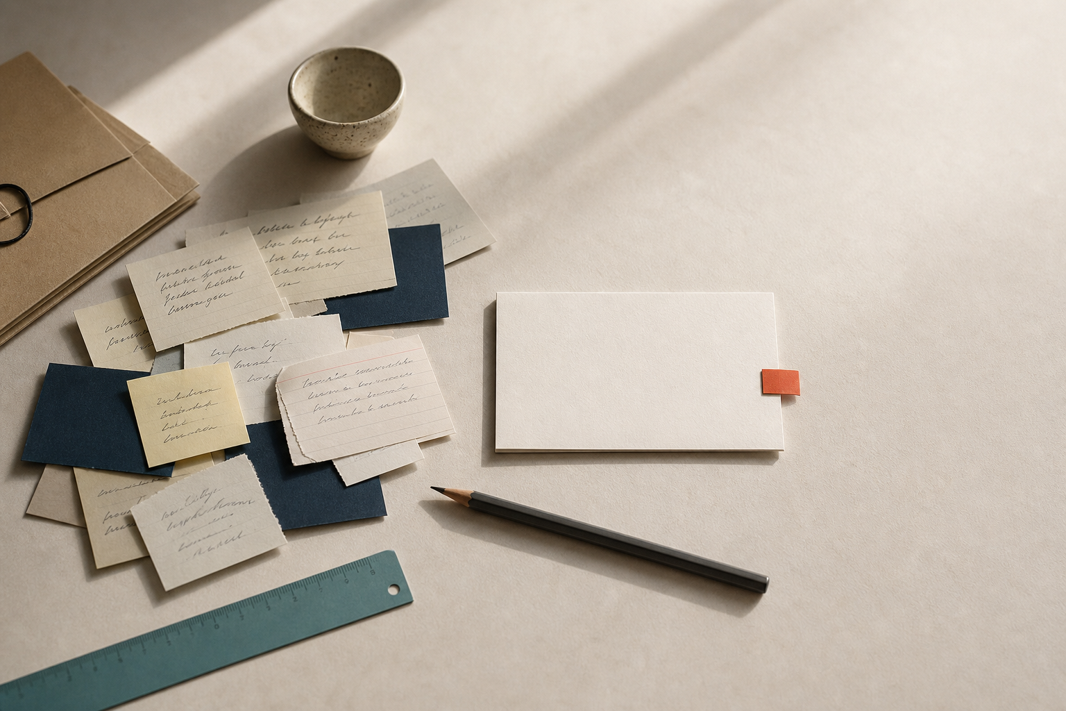 An overhead cream desk of handwritten note cards, kraft envelopes, and a blank card with an orange corner tab.