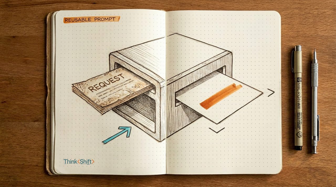 A request card feeding into a slot and dropping out as one clean output card, drawn in a field notebook.