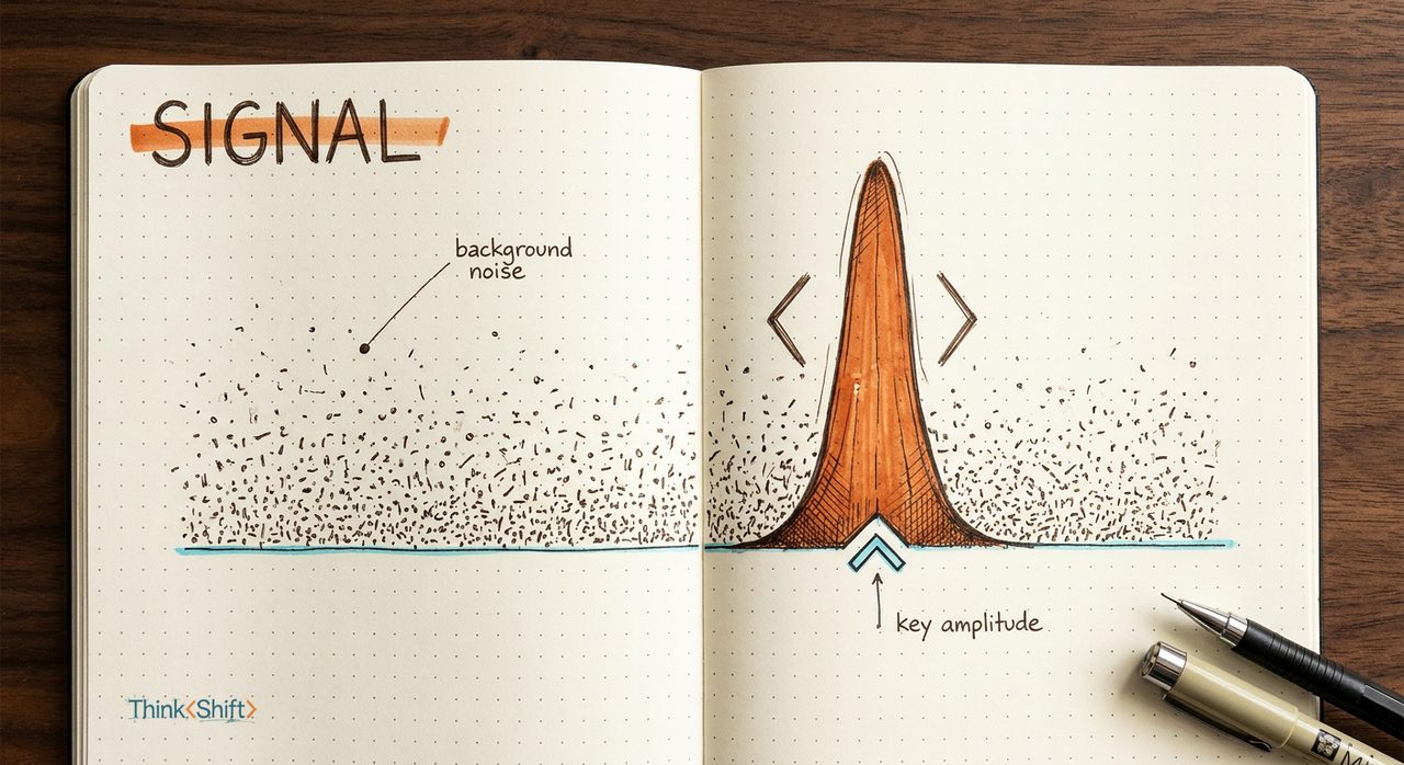 A single burnt-orange peak rising from a field of scattered background noise on dot-grid paper.