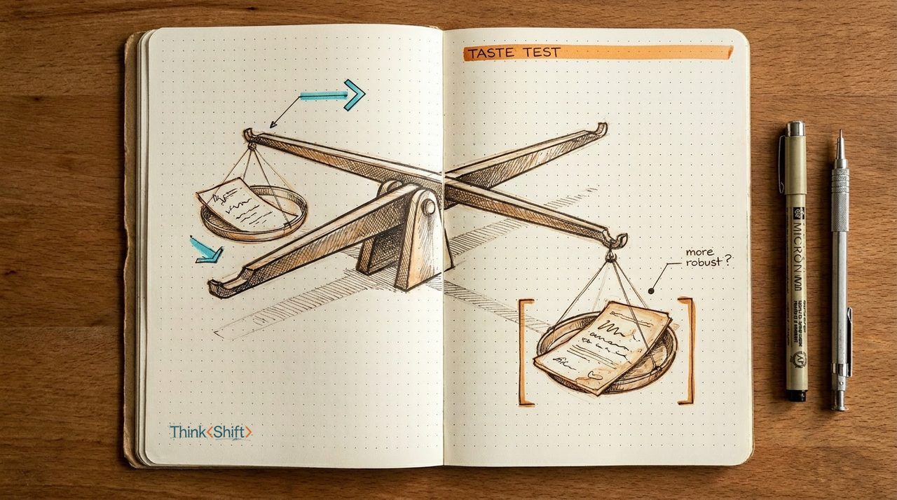 A hand-drawn balance weighing two output cards, the truer one dipping lower, marked in burnt-orange.
