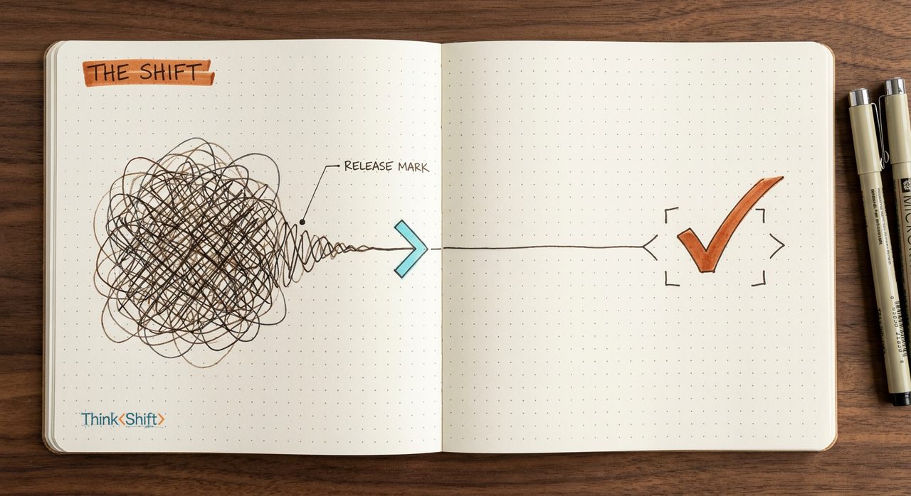 A tangled scribble unwinding into one clean line ending in a burnt-orange check, drawn overhead in a field notebook.