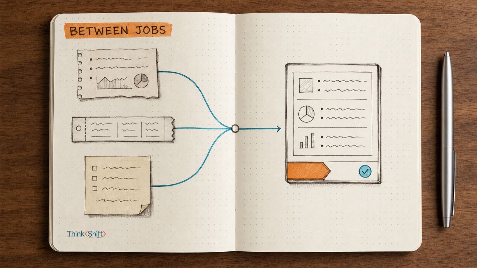 A field-notebook sketch of three different work documents converging through cyan lines into one clean structured brief, with a burnt-orange label reading Between Jobs.