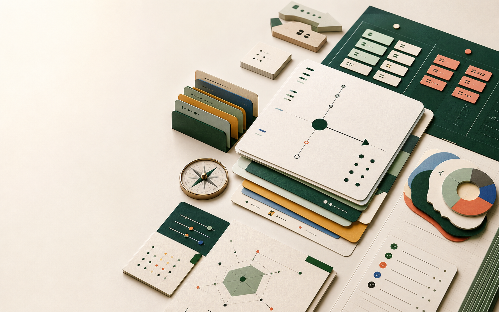 Layered prompt cards, decision maps, colored tabs, and work artifacts arranged like a practical field guide.